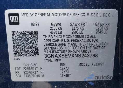 2022 Chevrolet Equinox Awd Ls из США, поврежденный, VIN 3GNAXSEVXNS243788